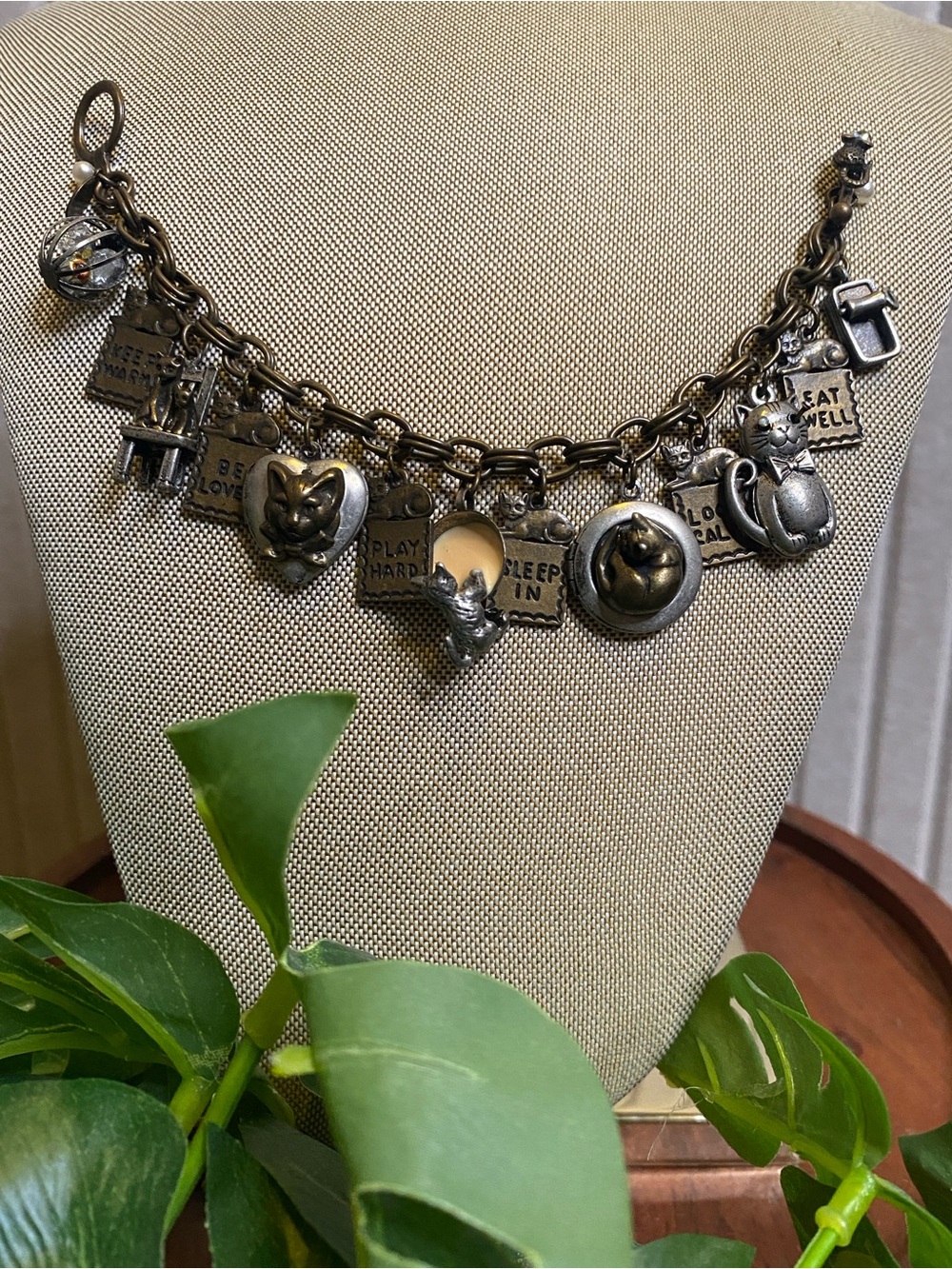 Sweet Romance Cat Charm Bracelet Chunky Locket Heart Toggle Clasp Whimsical